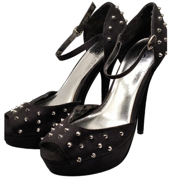 Speed Limit 98 Black Faux Suede Silver Spikes Open Toe Pump Heels 7.5 - Picture 6 of 16